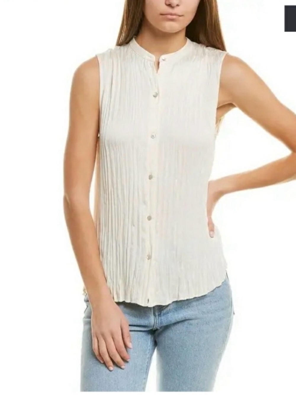 Vince Cream Pleated Sleeveless Button-Front Top